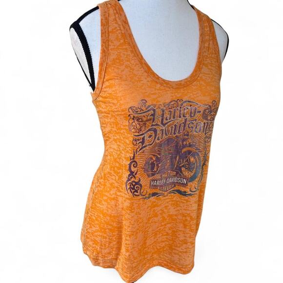 Y2K VTG. Harley Davidson ALL OVER GRAPHIC ORANGE BURN OUT TANK TOP SMALL  #3 - Picture 5 of 8